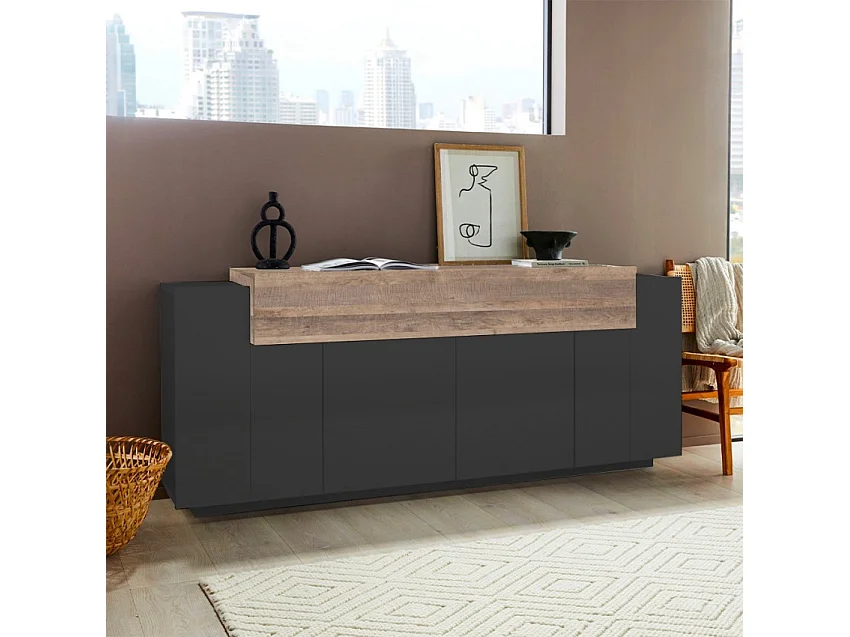 Buffet de salon noir et bois 200cm 4 placards Corona Side Hound