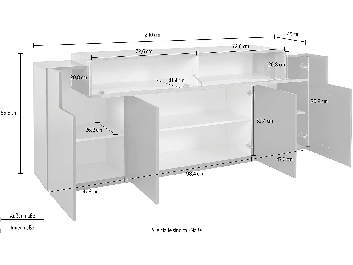 Meuble TV Coro, L 200 x H 85,5 x P 45 cm, gris et chêne