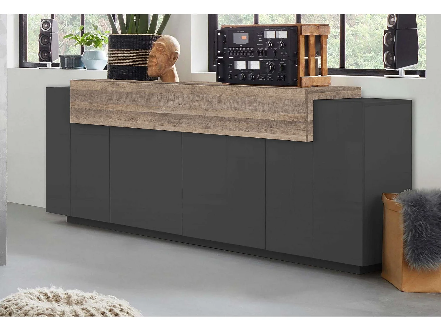 Meuble TV Coro, L 200 x H 85,5 x P 45 cm, gris et chêne