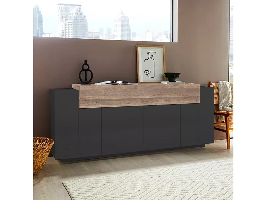 Meuble TV Coro, L 200 x H 85,5 x P 45 cm, gris et chêne