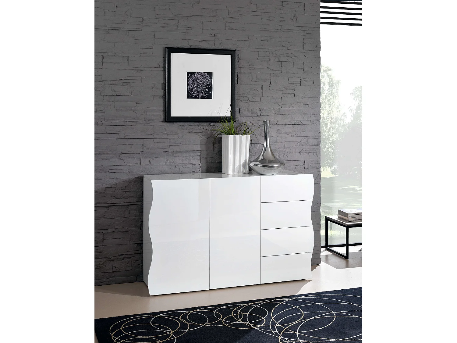 Mueble aparador cajonera diseño 2 puertas 4 cajones blanco brillante Onda Kommode