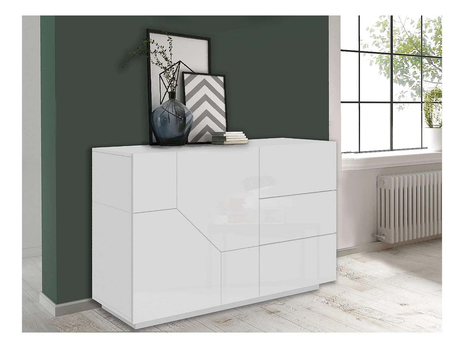 Buffet blanc 140x43cm salon cuisine 2 portes 3 tiroirs Mira