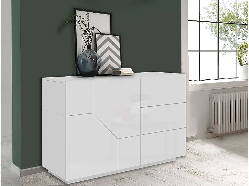 Credenza madia bianca 140x43cm soggiorno cucina 2 ante 3 cassetti Mira
