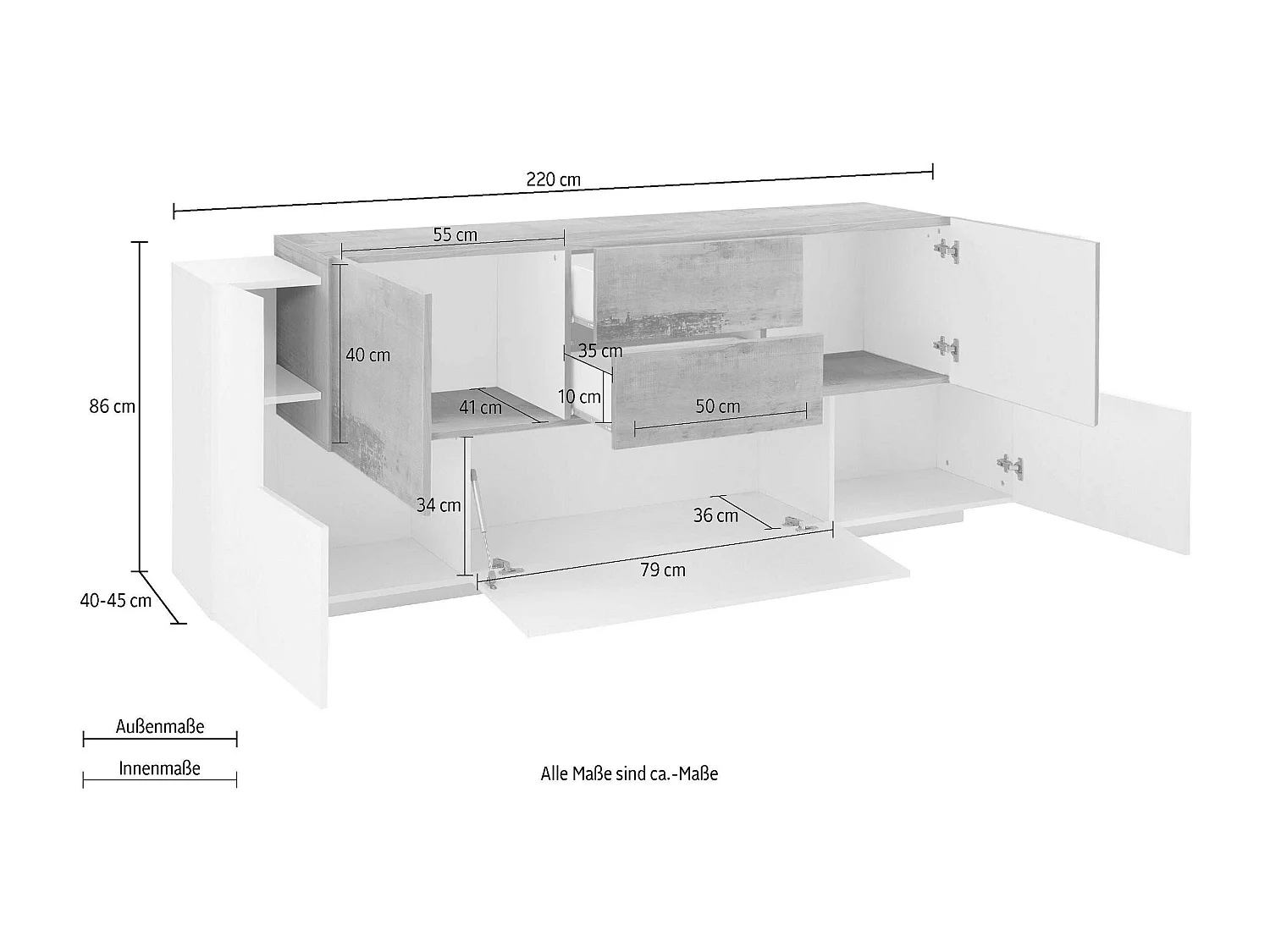 Aparador diseño moderno blanco madera 220 cm 5 puertas 2 cajones New Coro Wide