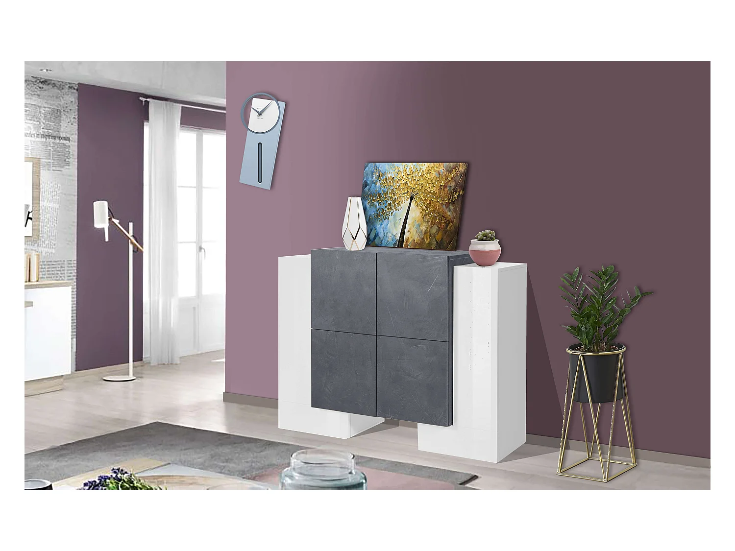 Mobile Madia Pillon L 130 x H 100 x P 45 cm bianco lucido e grigio ardesia