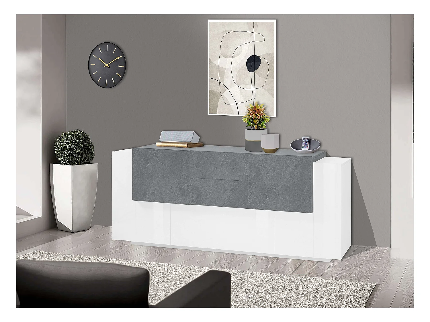 Aparador de salón 220 cm 5 puertas 2 cajones blanco gris pizarra New Coro Wide