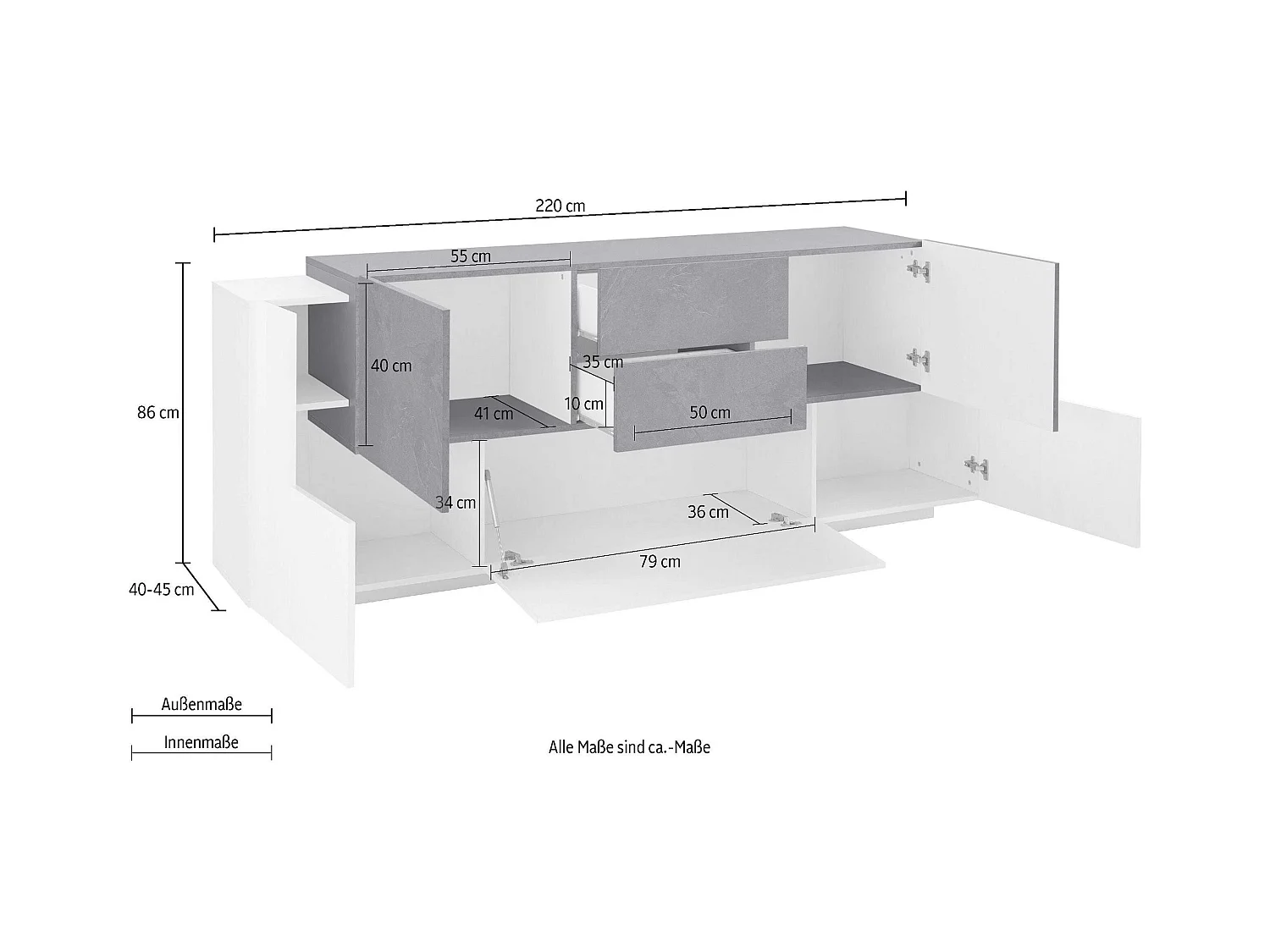Aparador de salón 220 cm 5 puertas 2 cajones blanco gris pizarra New Coro Wide