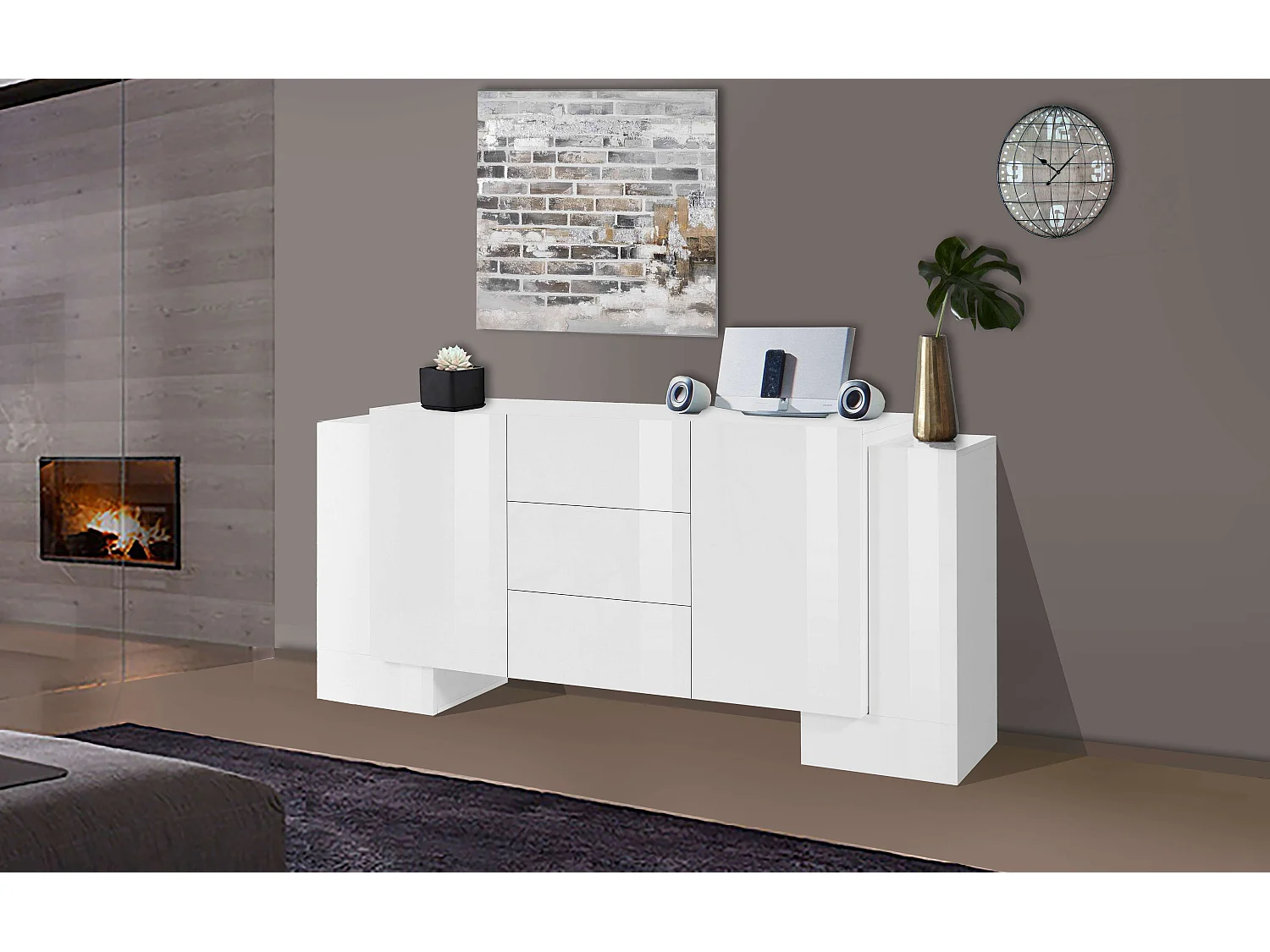 Meuble TV blanc bibliothèque en bois 2 vitrines Onir WH