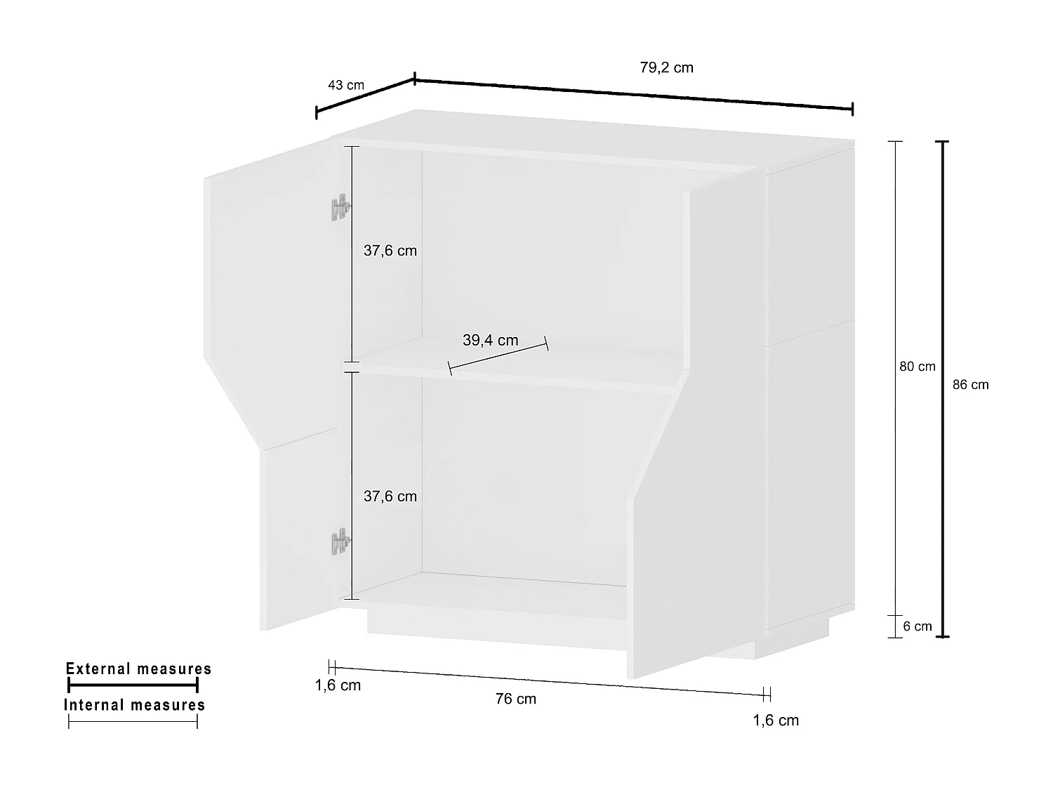 Sideboard Adara 80x43cm Weiß mit 2 Fächern für Wohnzimmer, Schlafzimmer, Küche
