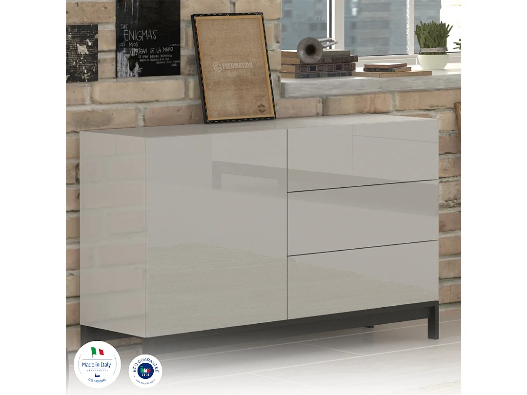 Credenza madia soggiorno 110cm con anta e 3 cassetti bianco lucido Metis Up Three