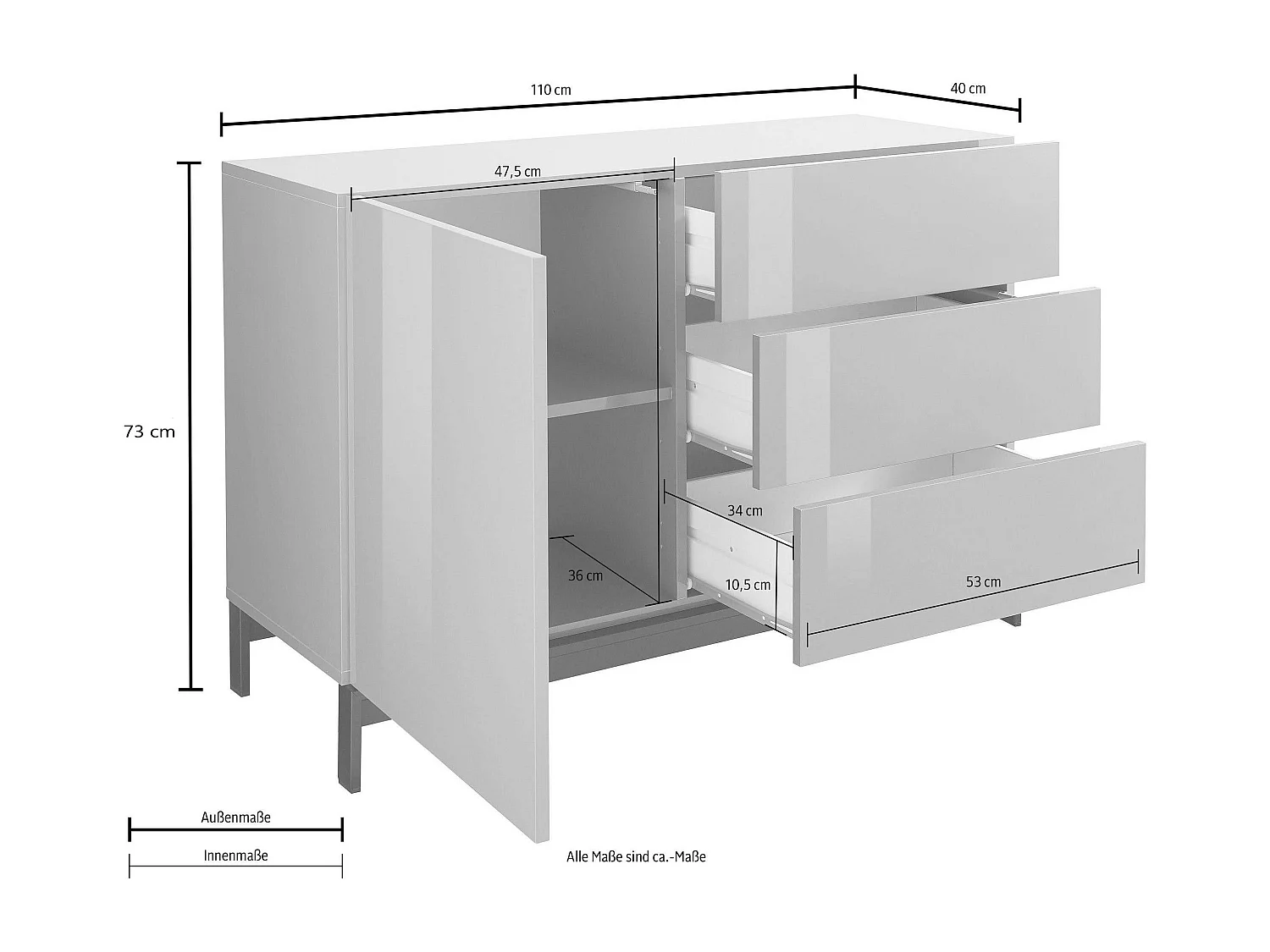 Credenza madia soggiorno 110cm con anta e 3 cassetti bianco lucido Metis Up Three