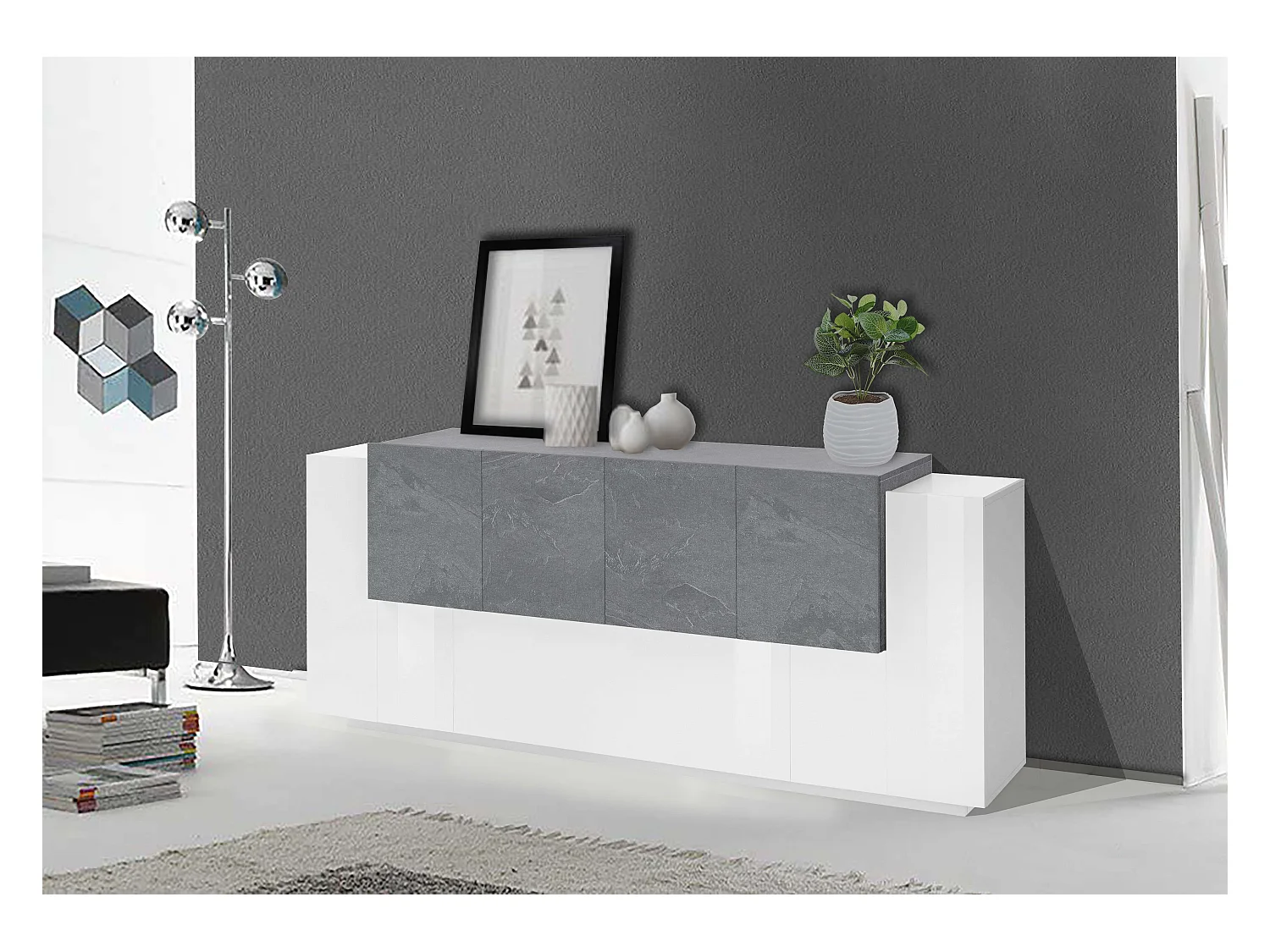 Aparador diseño moderno 200cm gris pizarra blanco brillante New Coro Kommode