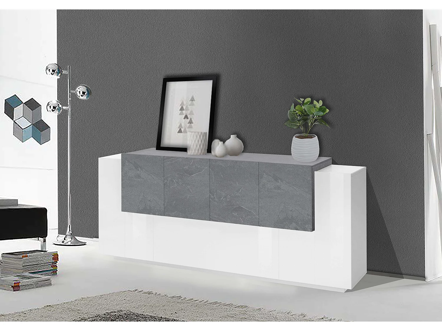 Mobile New Coro L 220 x H 86 x P 45 cm bianco lucido e grigio cemento