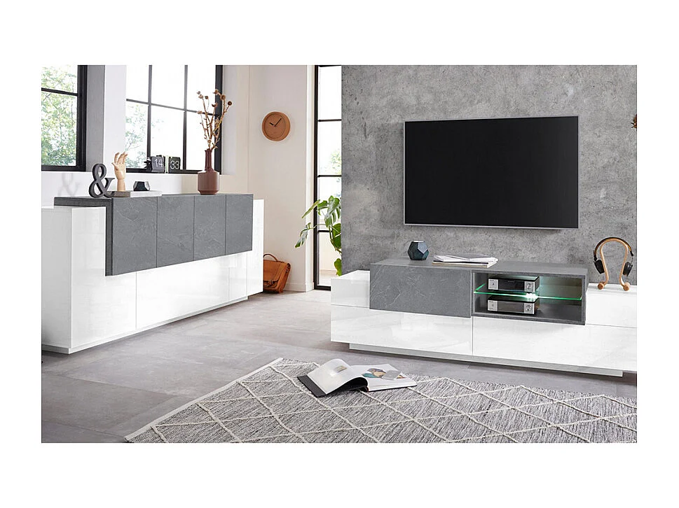 Mobile New Coro L 220 x H 86 x P 45 cm bianco lucido e grigio cemento