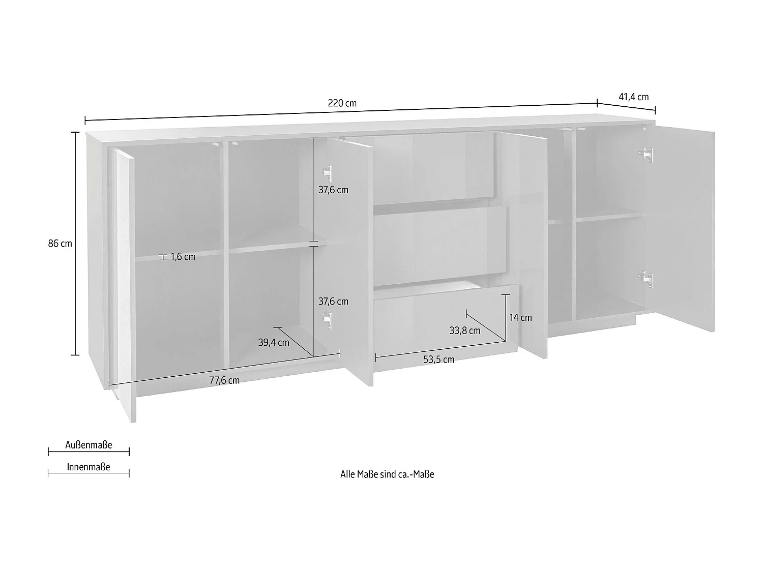 Buffet Lonja 220 cm blanc moderne pour cuisine/salon