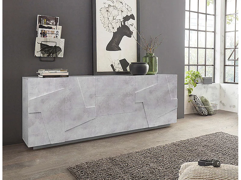 Buffet de salon en bois design 4 portes 3 tiroirs 220cm gris Ping Wide