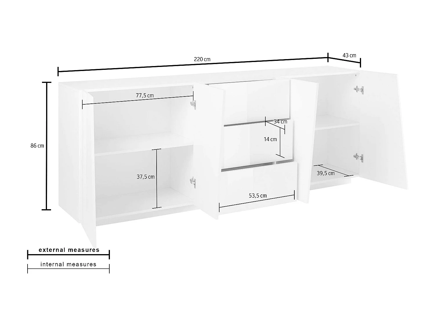 Weiße Küchen- und Wohnzimmerschrank Vega Side 220 cm mit 2 Fächern und 3 Schubladen