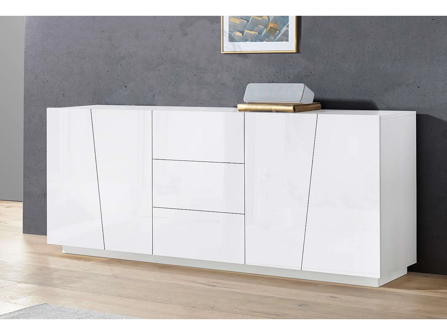 Weiße Küchen- und Wohnzimmerschrank Vega Side 220 cm mit 2 Fächern und 3 Schubladen