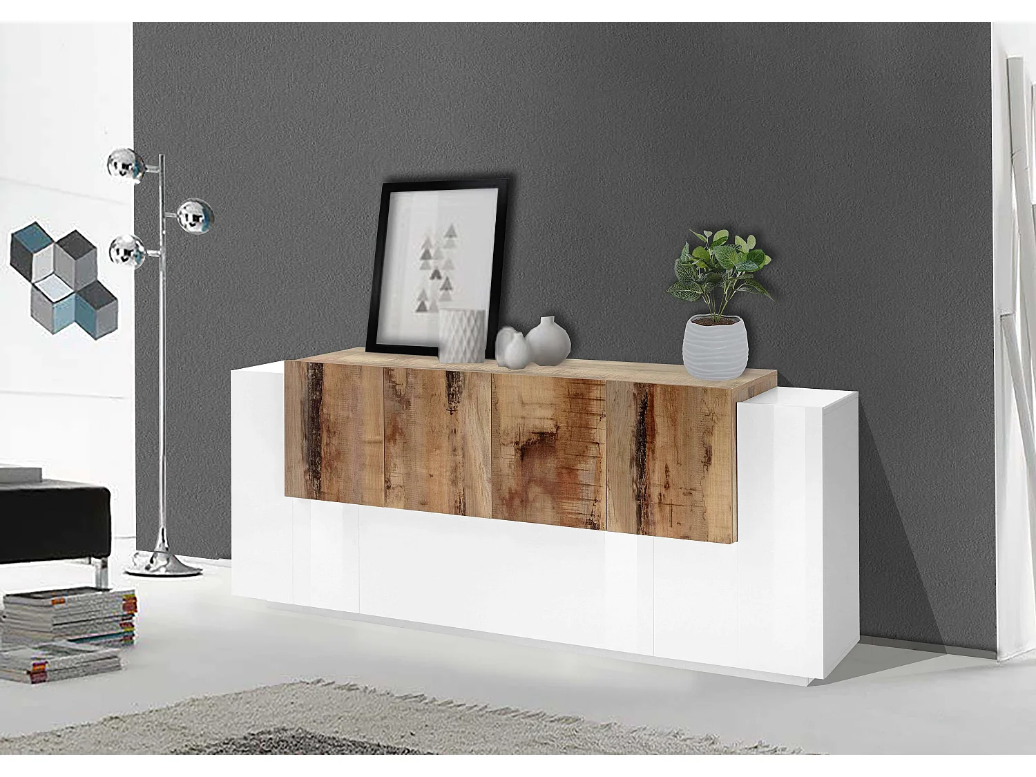 Buffet de salon design 200cm bois blanc brillant New Coro Kommode