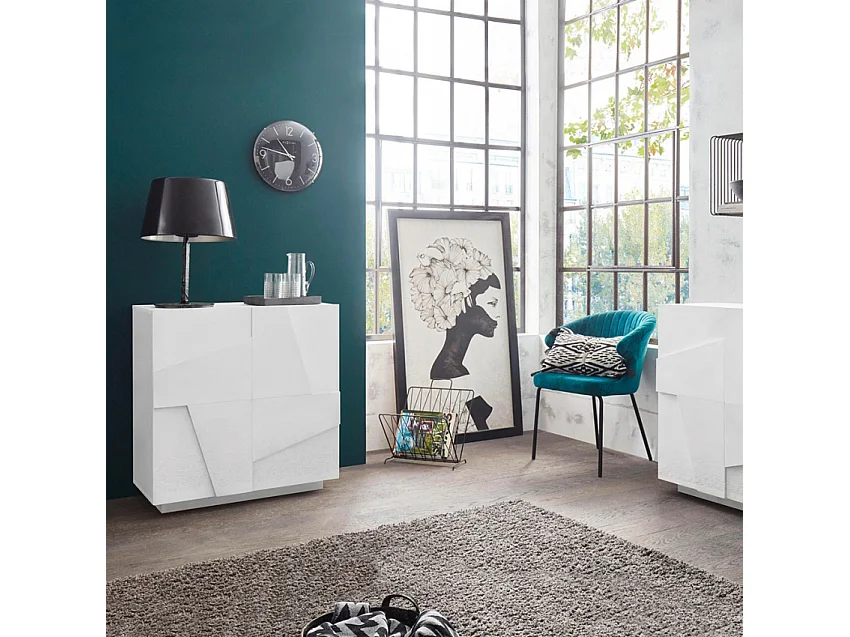 Buffet salon et chambre 2 portes 2 étagères design blanc Ping Side S