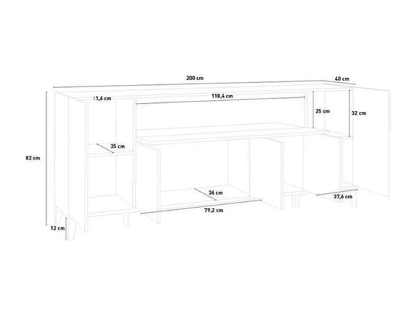 Aparador Stephanie 200x40cm design com 5 portas e compartimento basculante para sala de estar e hall de entrada