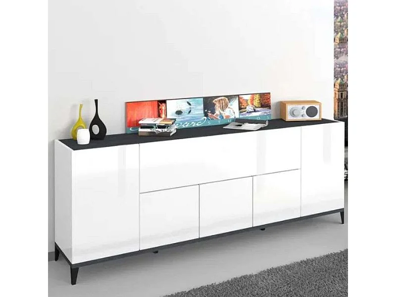 Aparador Stephanie 200x40cm design com 5 portas e compartimento basculante para sala de estar e hall de entrada