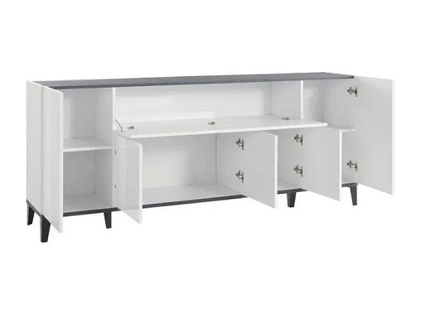 Aparador Stephanie 200x40cm design com 5 portas e compartimento basculante para sala de estar e hall de entrada