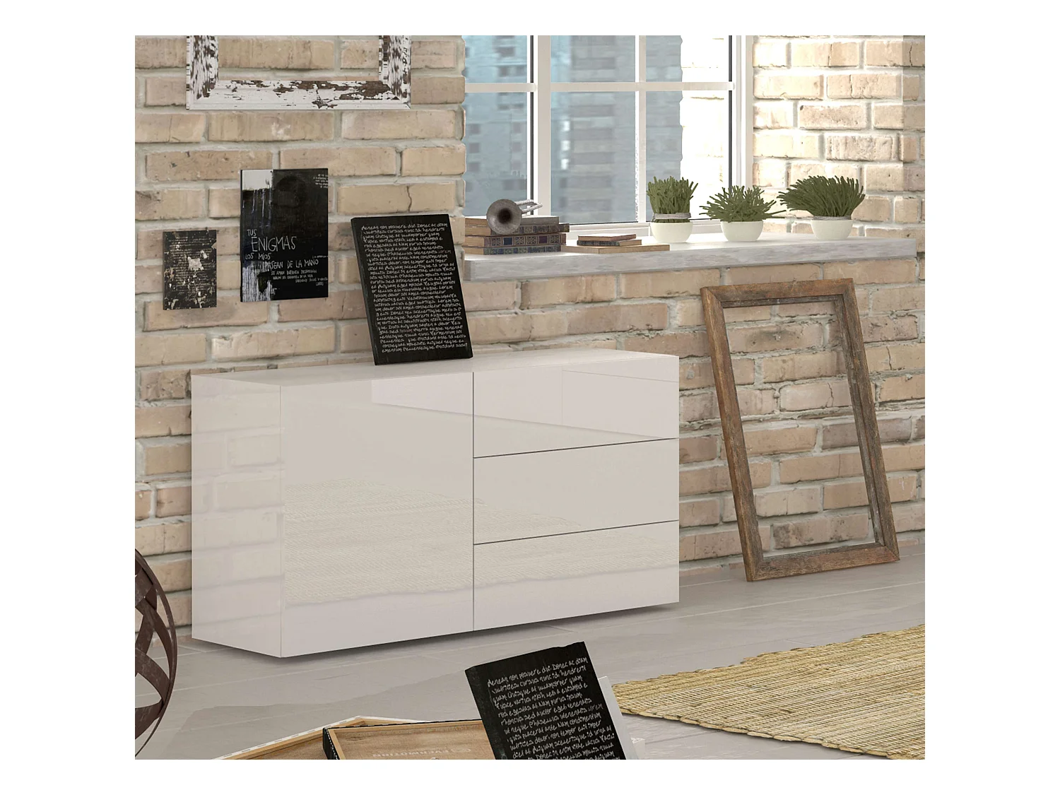 Buffet salon cuisine armoire 3 tiroirs blanc brillant Metis Three
