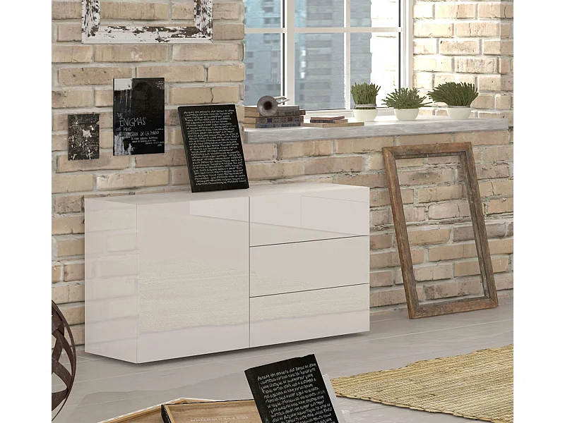 Credenza soggiorno madia con anta e 3 cassetti bianco lucido Metis Three