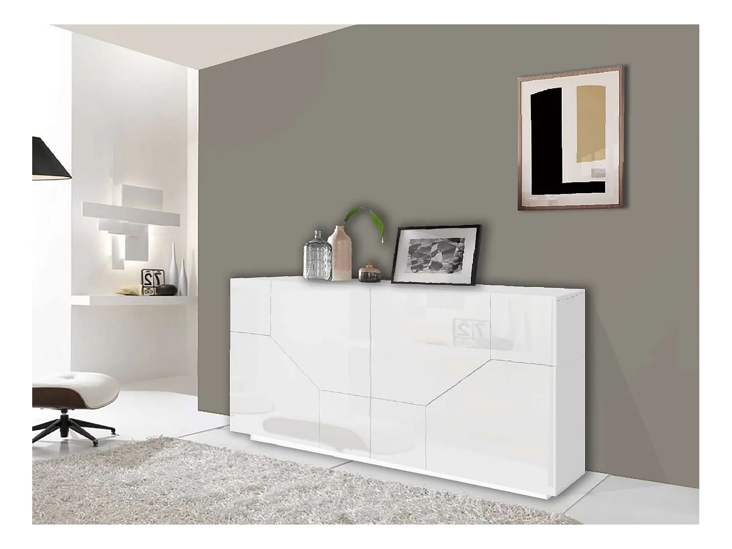 Credenza 200x43cm mobile cucina soggiorno 4 vani bianco Hariett