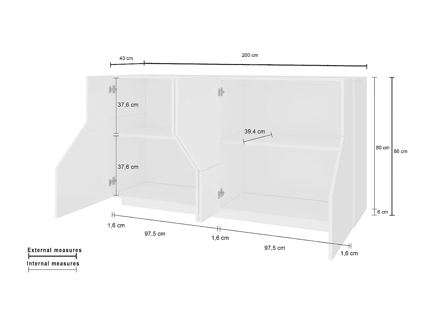 Aparador 200x43cm cocina salón 4 ambientes blanco Hariett