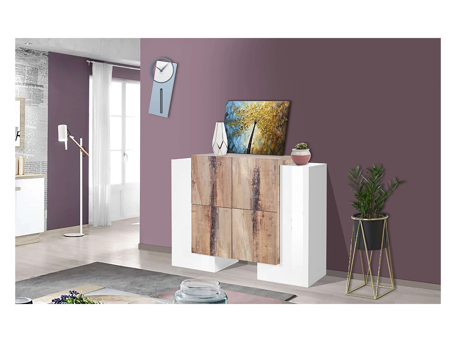 Mobile Madia PILLON L 130 x H 100 x P 45 cm bianco lucido