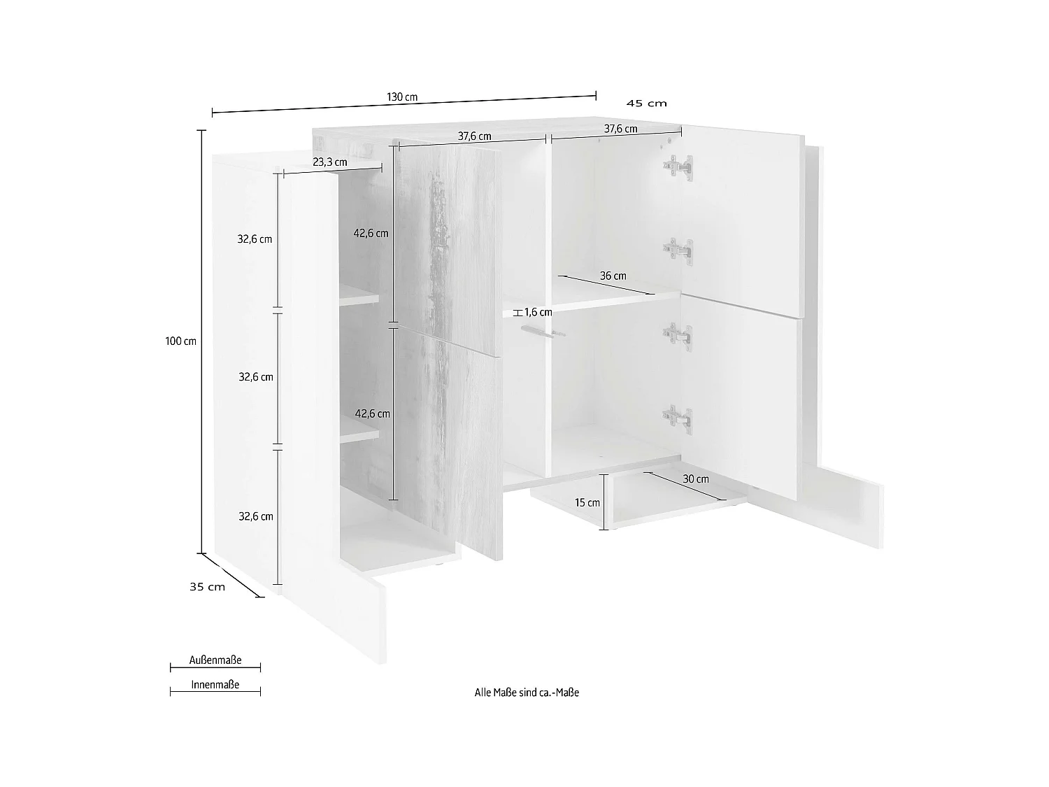 Mobile Madia PILLON L 130 x H 100 x P 45 cm bianco lucido