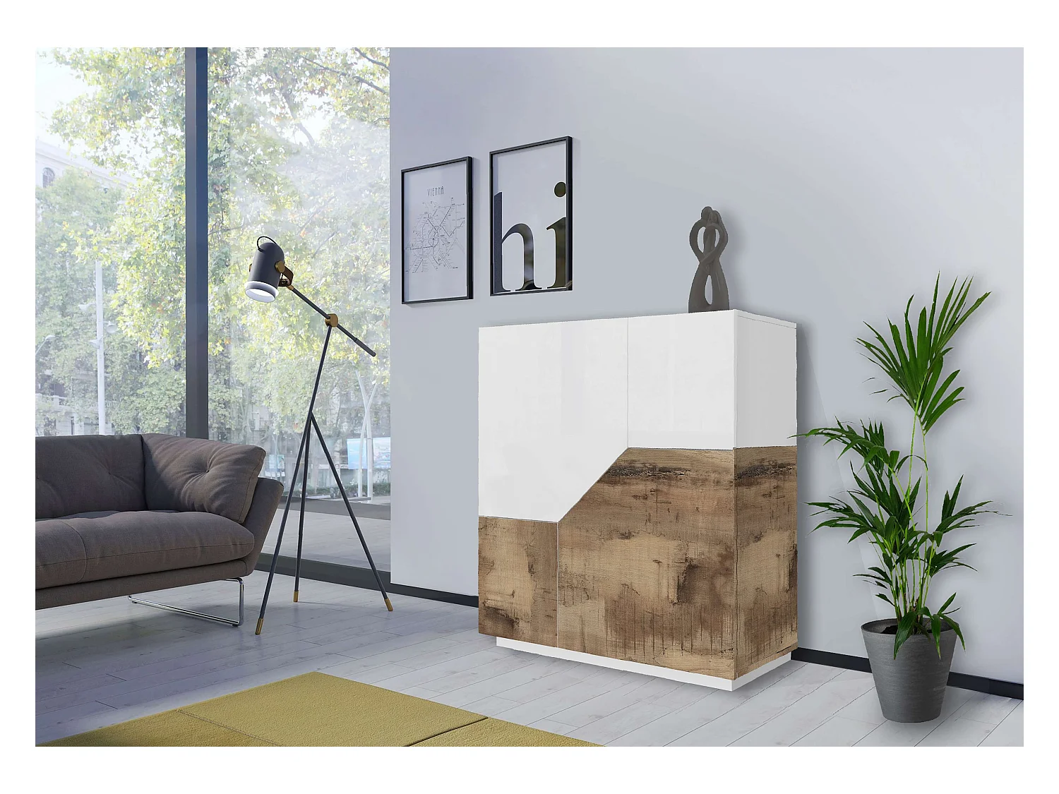 Buffet de cuisine 100x43cm meuble de salon 2 portes bois blanc moderne Klain Wood