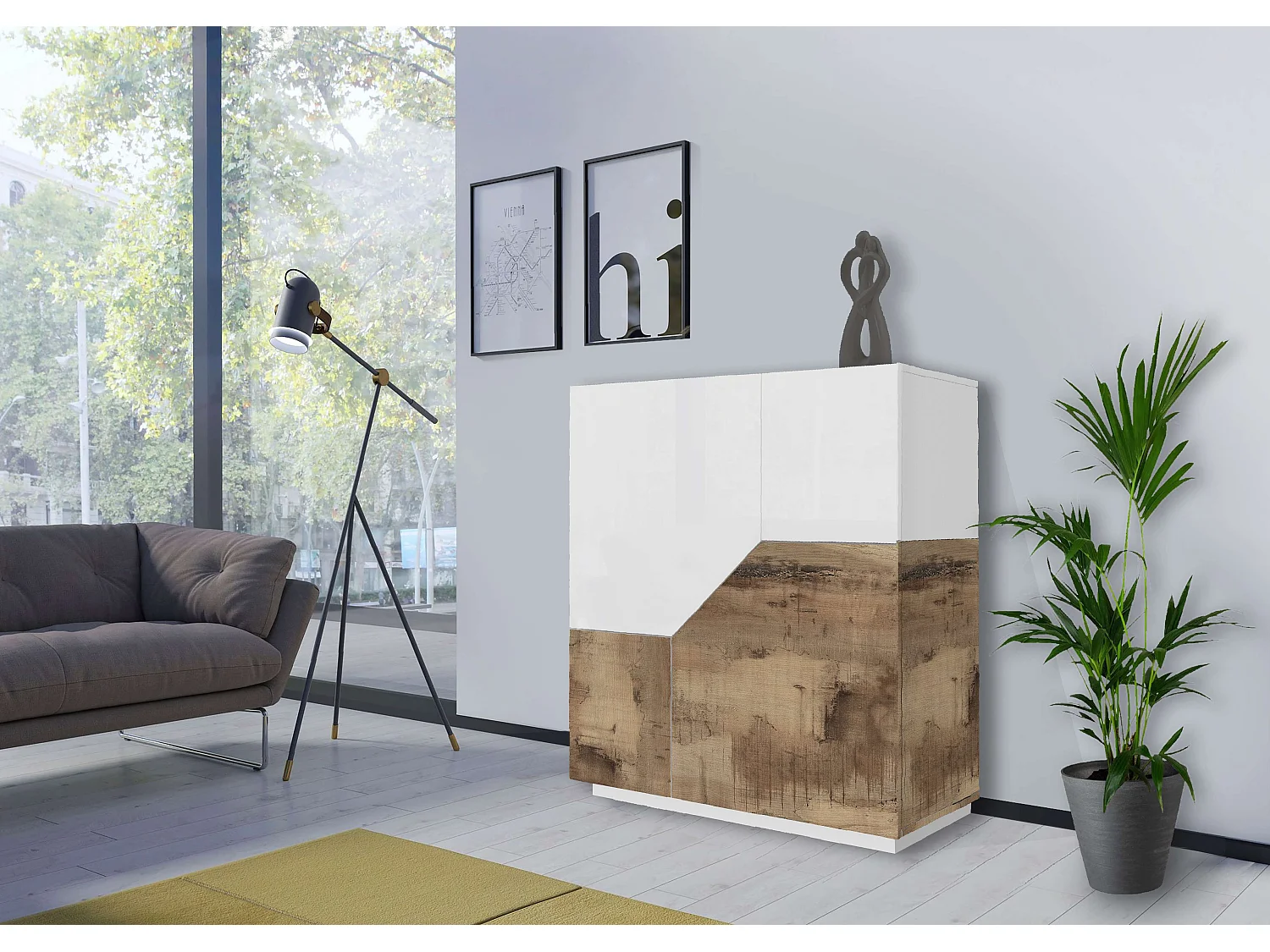 Aparador de cozinha Klain Wood com 2 portas, 100x43cm, madeira branca, aparador para sala de estar