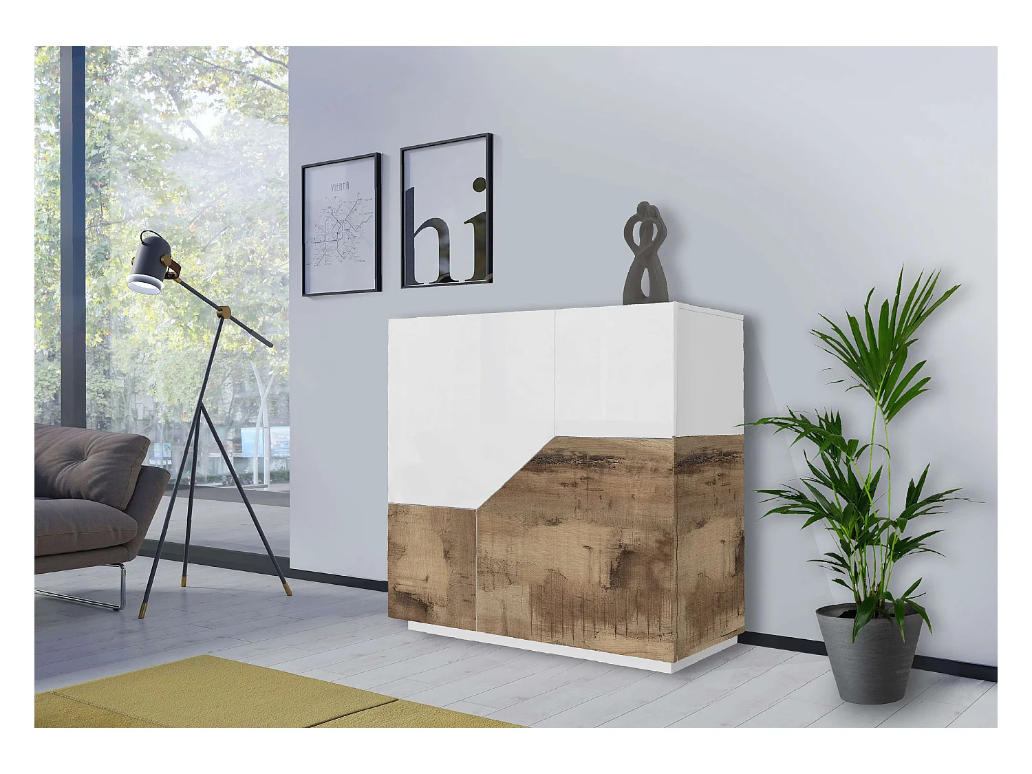 Credenza madia bianca 80x43cm 2 vani soggiorno cucina camera moderna Adara Wood