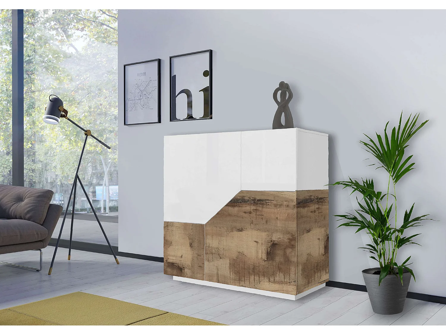Credenza madia bianca 80x43cm 2 vani soggiorno cucina camera moderna Adara Wood