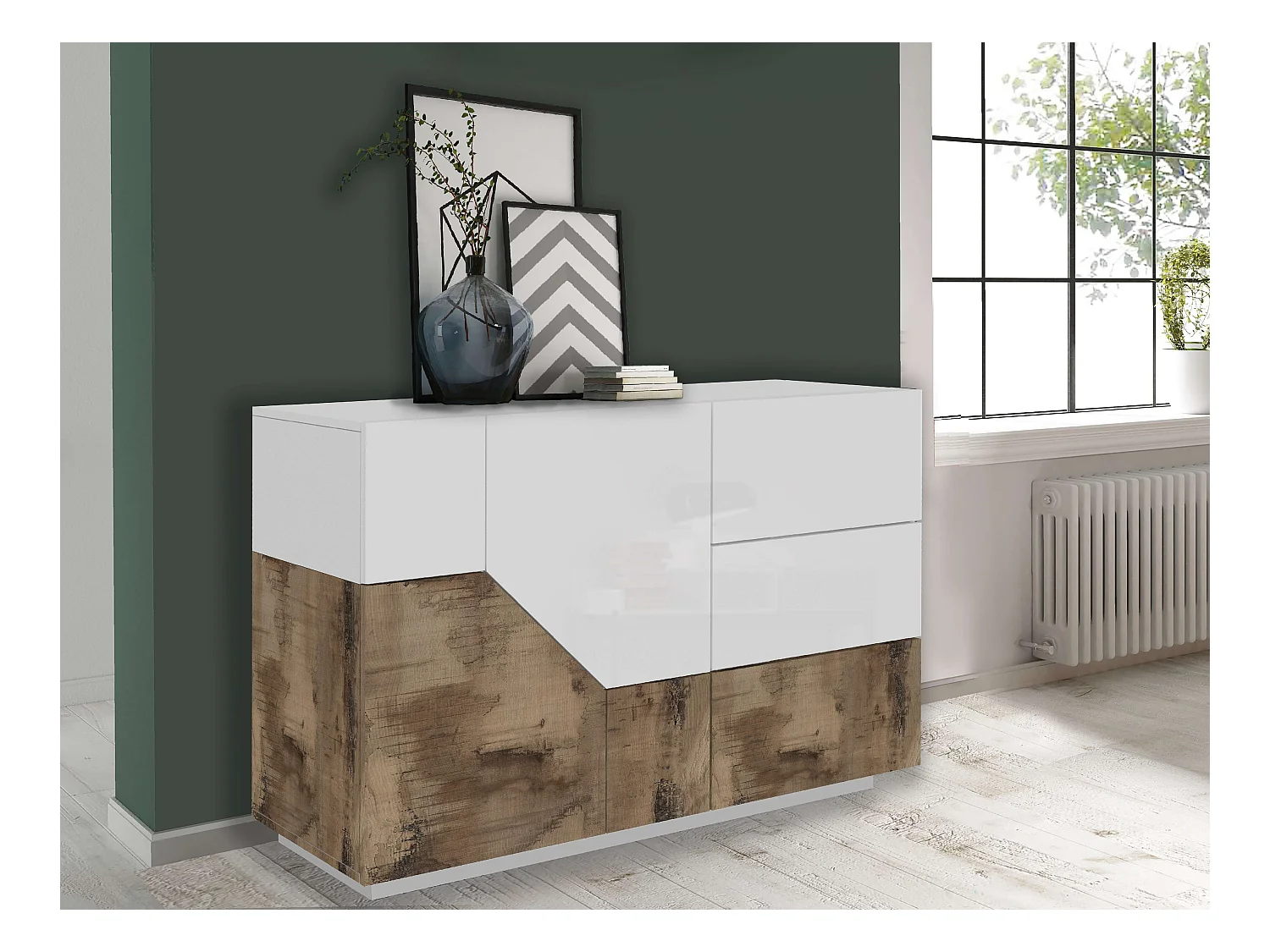 Buffet 140x43cm buffet salon cuisine 2 portes 3 tiroirs Mira Wood