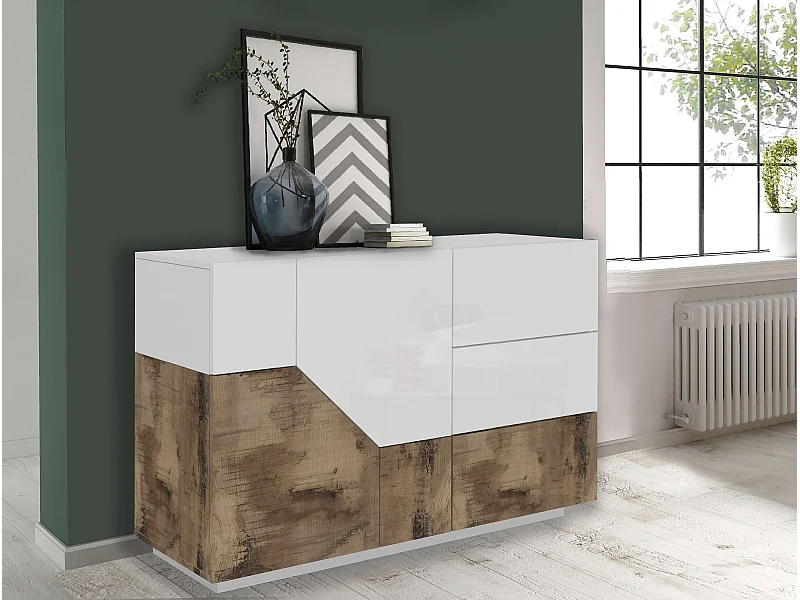 Credenza 140x43cm madia soggiorno cucina bianca 2 ante 3 cassetti Mira Wood