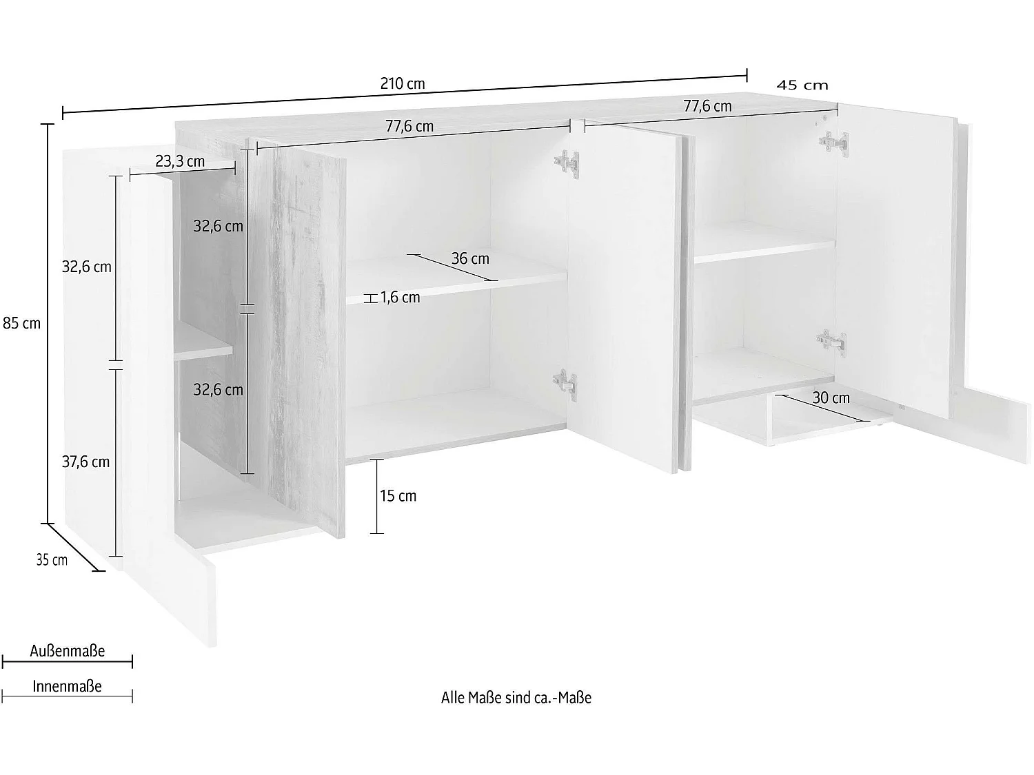 Küchen-/Wohnzimmer-Schrank mit 6 Türen, 210 cm, Design Pillon Fabrik Acero