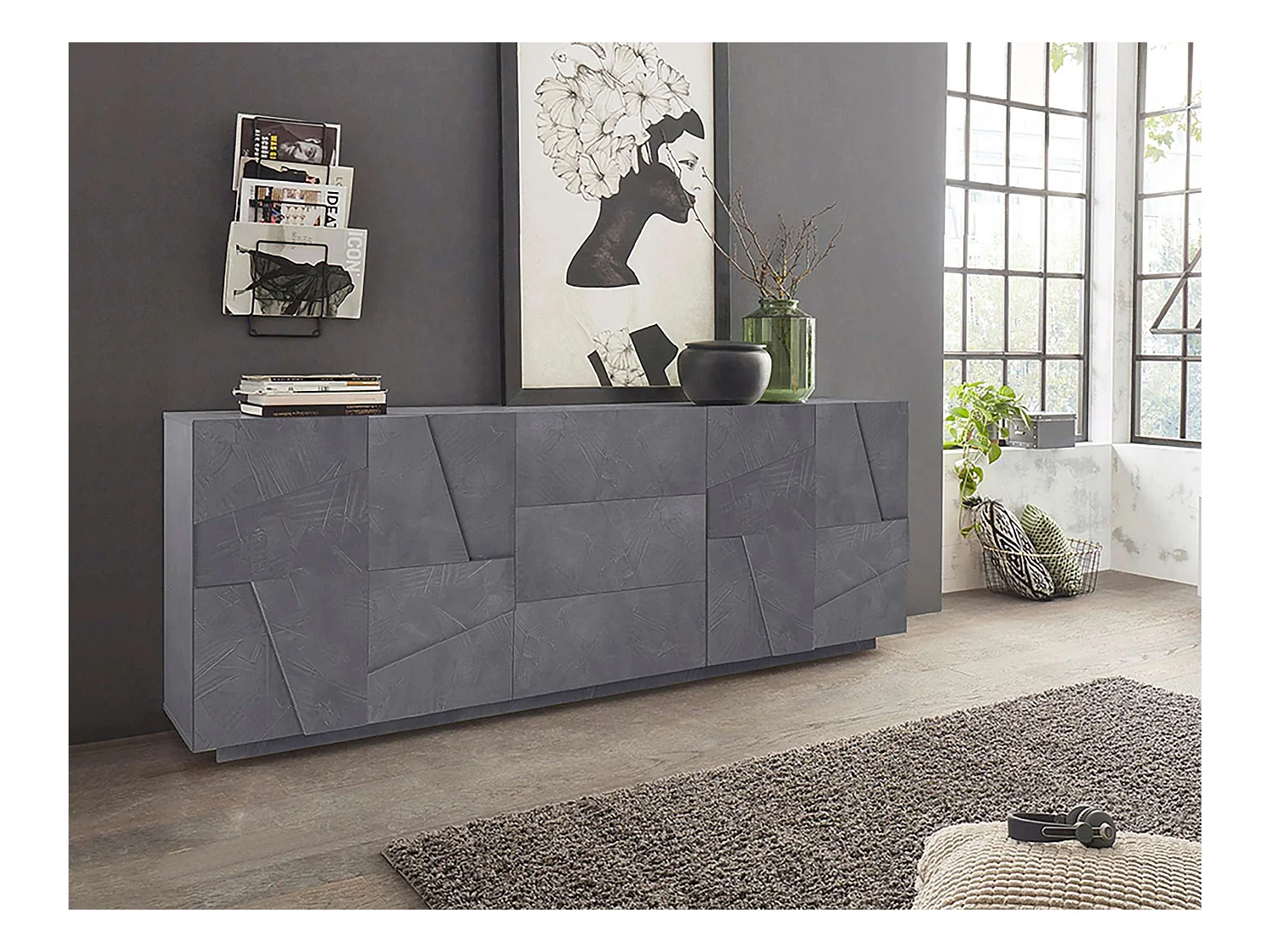 Mueble salón aparador diseño 4 puertas 3 cajones 220 cm pizarra Ping Wide