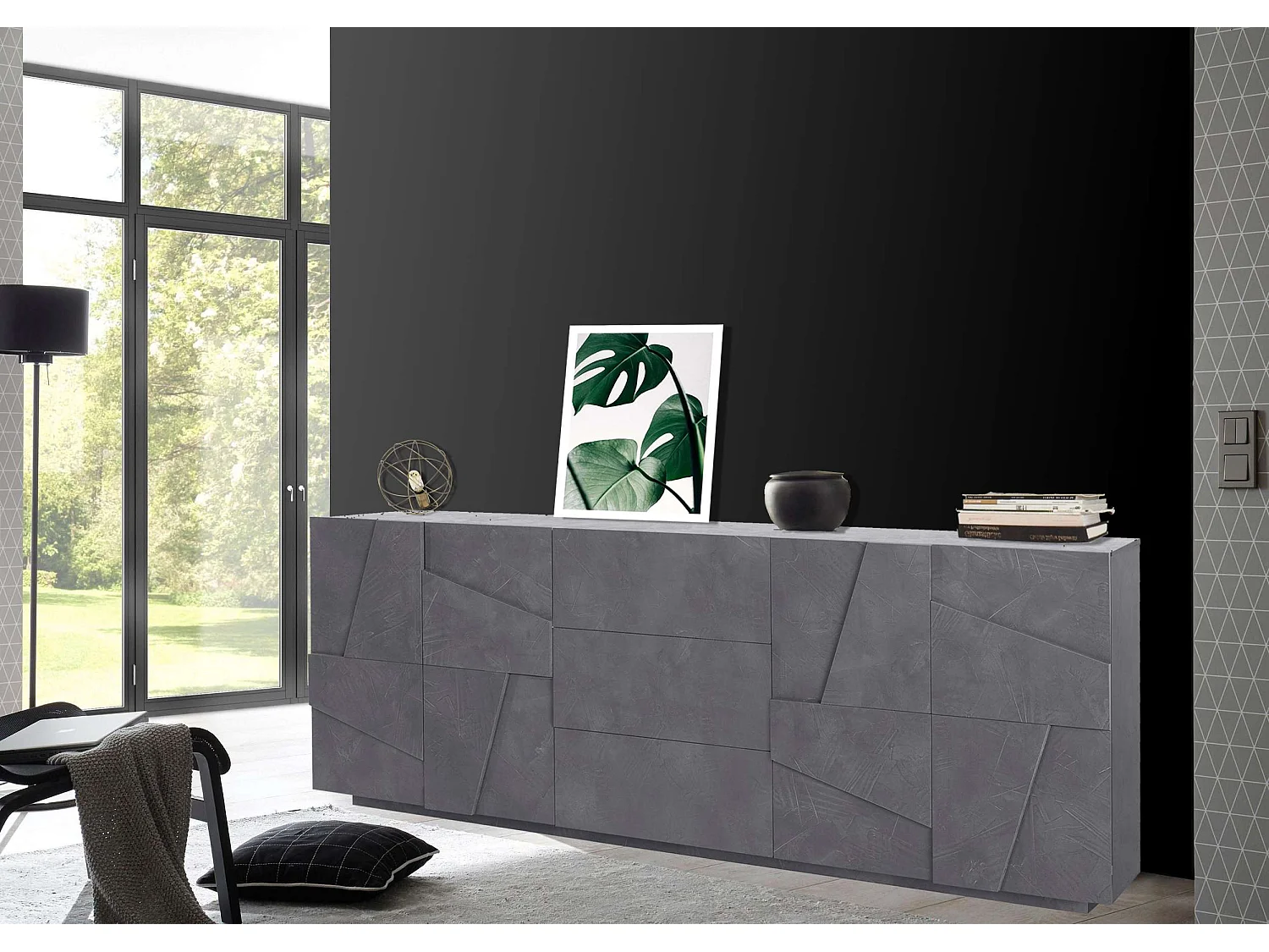 Mueble salón aparador diseño 4 puertas 3 cajones 220 cm pizarra Ping Wide