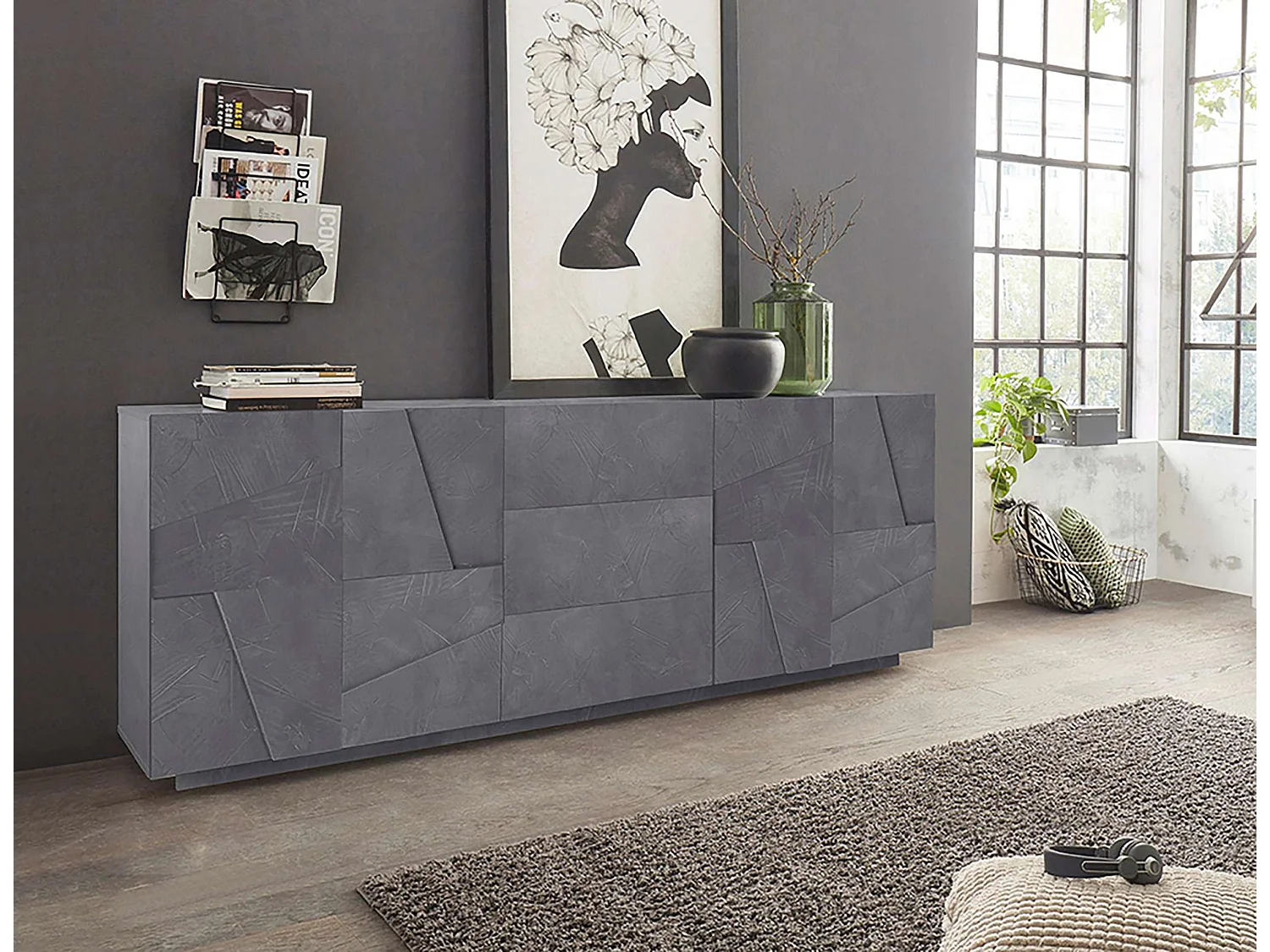 Mueble salón aparador diseño 4 puertas 3 cajones 220 cm pizarra Ping Wide