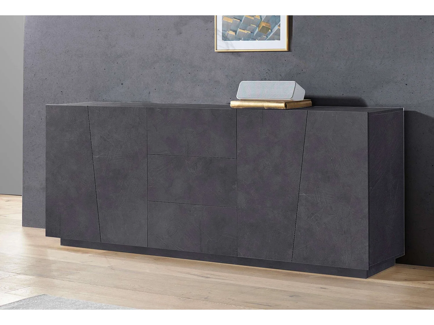 Küchen- und Wohnzimmer-Sideboard 220cm mit 2 Fächern und 3 Schubladen in Schiefer-Design Vega Side