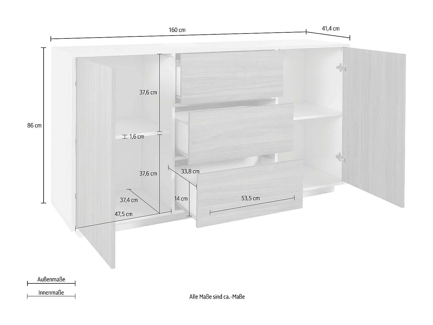 Moderne Design-Anrichte Wohnzimmerschrank 160cm Buffet Carat Report