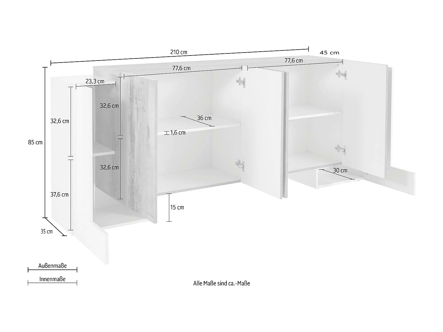 Aparador 210 cm 6 puertas abatibles diseño moderno Pillon Fabrik Ardesia