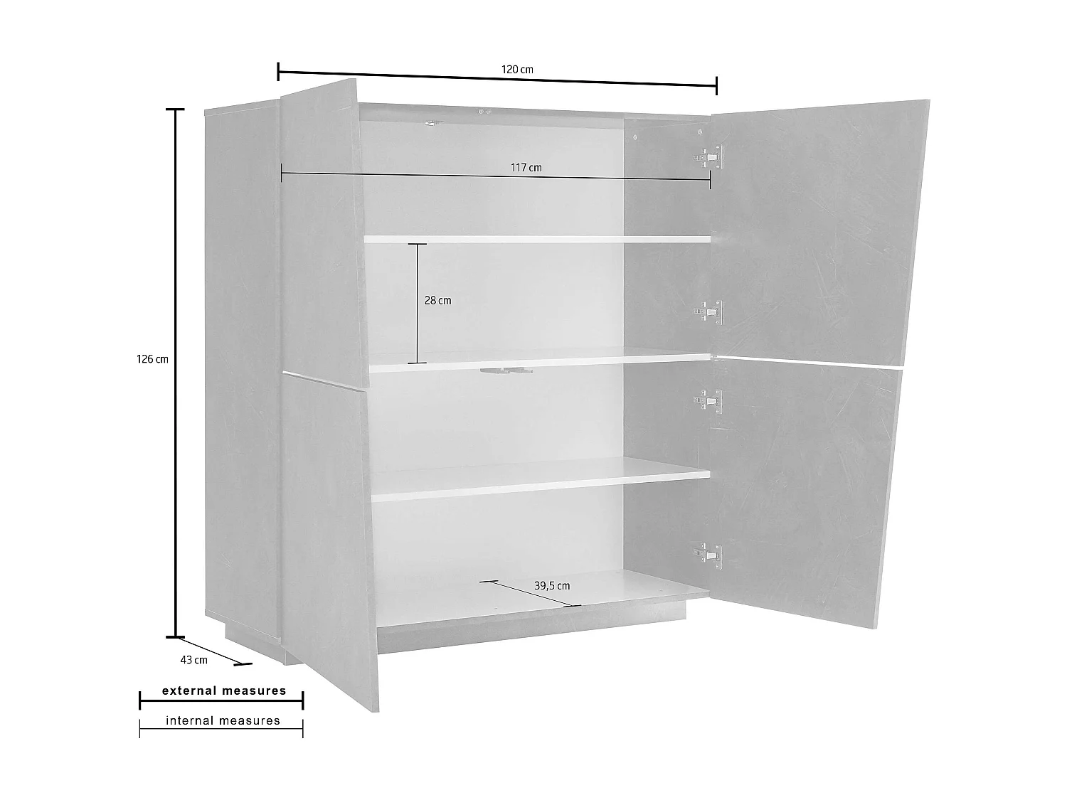 Aparador mueble salón vestíbulo 120 cm 4 compartimentos blanco brillante Vega Home