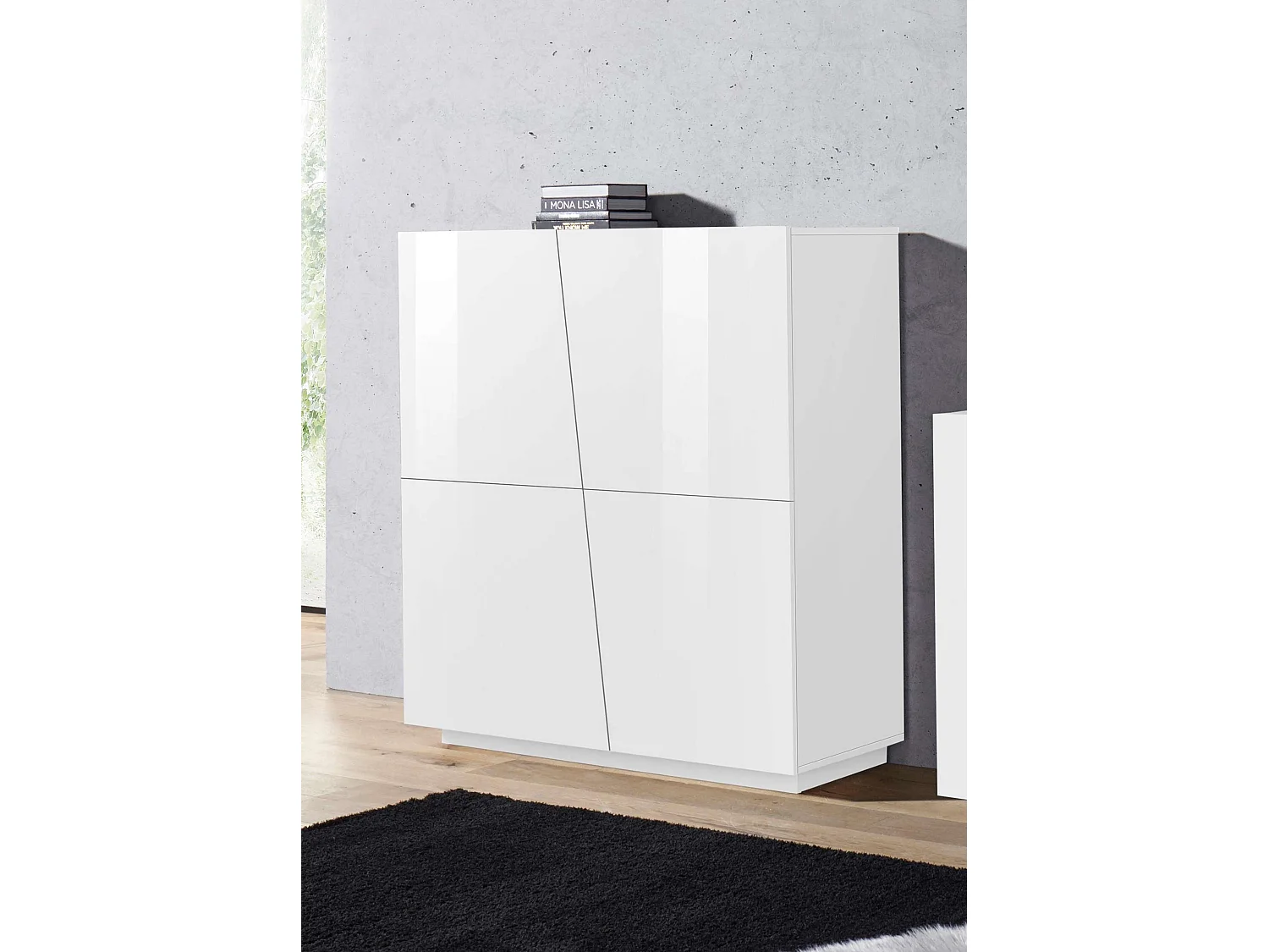 Aparador mueble salón vestíbulo 120 cm 4 compartimentos blanco brillante Vega Home
