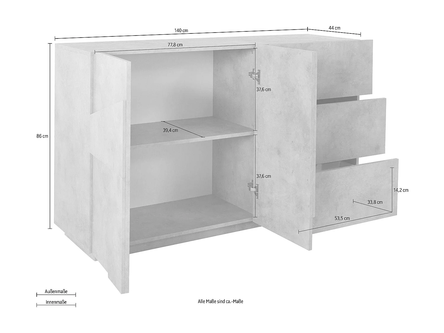 Buffet chambre et salon 2 portes 3 tiroirs coulissants moderne blanc Ping Side M