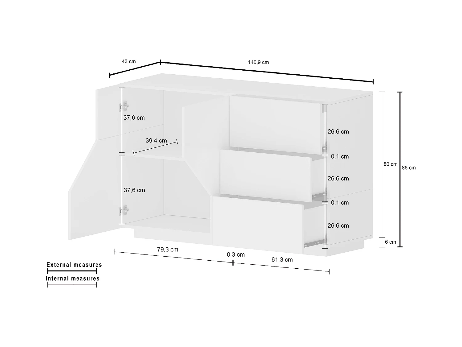 Aparador diseño salón 140x43cm 2 puertas 3 cajones Mira Report